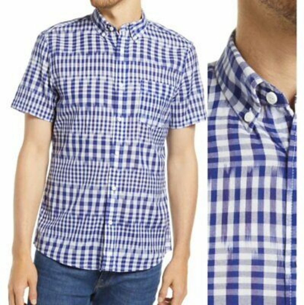1901 Slim Fit Check Short Sleeve Button Down Shirt Blue White Kat Plaid Mens L